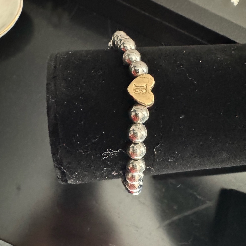 Silver Beaded Bracelet with Gold Heart Charm- Monogram “B” - Picture 2 of 2